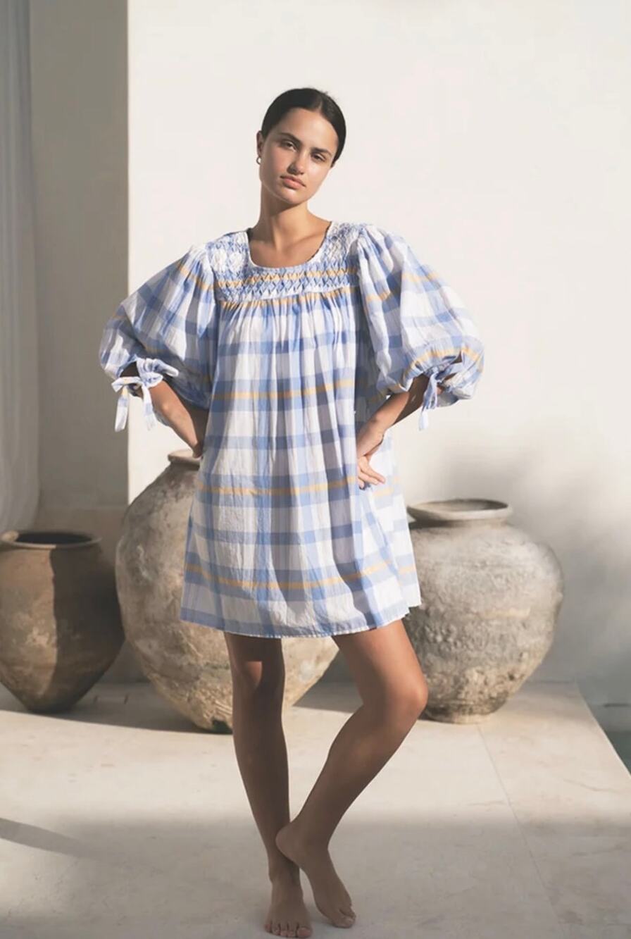 Daughters Of India Freya Mini Dress in Periwinkle Blue Plaid Pockets Size XS